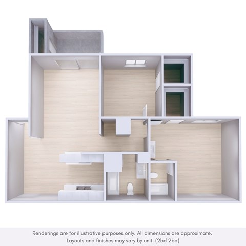 Floor plan for 2 beds, 2 baths, 964 sqft